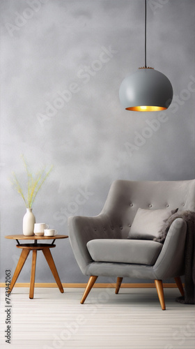 3D rendering of a minimal living room interior with a gray armchair, coffee table, and decorative vase with yellow twigs in a white vase.
