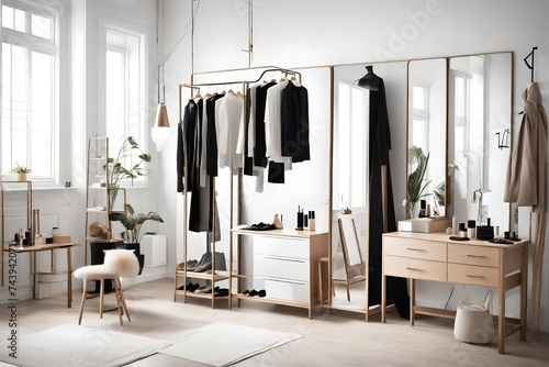 A simple, modern dressing room with a full-length mirror, a vanity, and open clothing racks © Erum