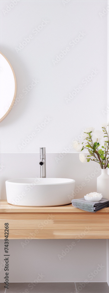 Bathroom vanity with a round sink, flowers, soap, and towels in a minimalist style with white and wood colors.