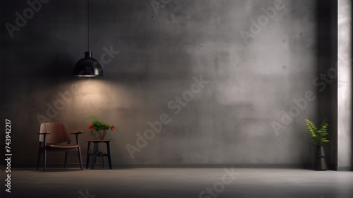 3D rendering of a dark room with a chair, table, plants and a lamp.