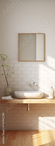 Bathroom interior design with natural materials, featuring a ceramic sink, wooden vanity, and brick wall tiles in a minimalist style with neutral colors.