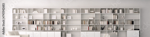 3D rendering of a modern home library with white bookshelves and a white leather chair. © camelia