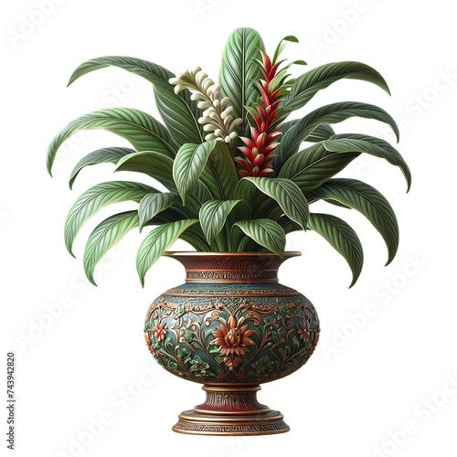 Decorative Ceramic Pot with Beautiful Plant isolated on white background