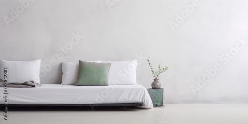 Minimalistic interior with white walls, a bed and a plant in a vase.