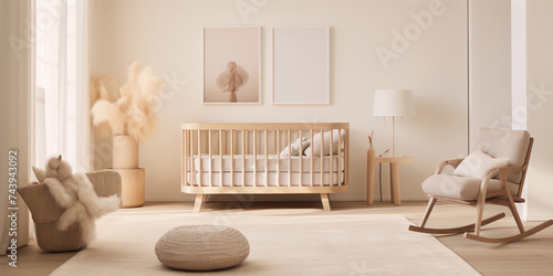 3D rendering of a minimalist nursery with a crib, a rocking chair, and a rug in neutral colors.