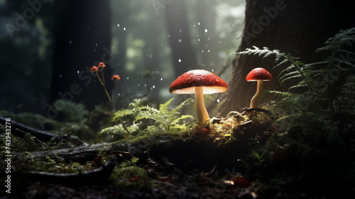 mushroom on forest background with spotlight effect, mushroom on forest wallpaper and background photo