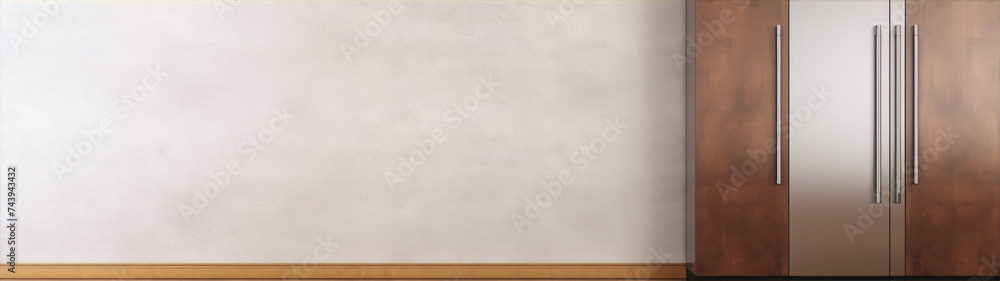 Kitchen interior with a large fridge and a blank wall in the background Kitchen interior with a large fridge and a blank wall in the background