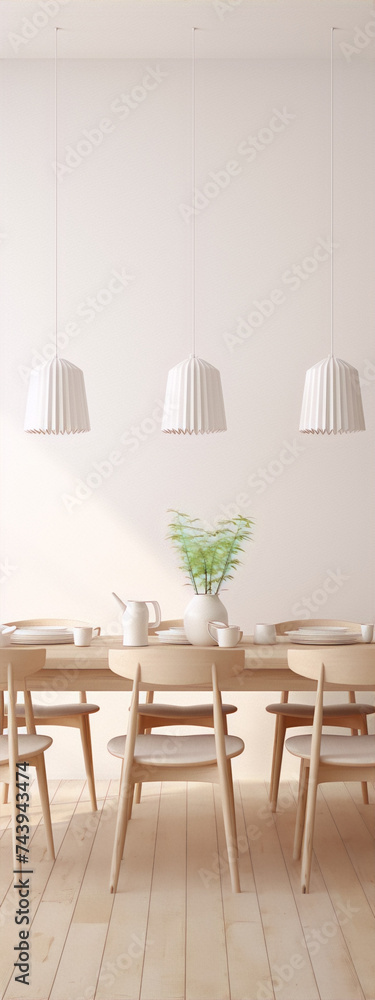 3d rendering of a minimalist dining room with a wooden table and chairs, a vase with a plant in it, and three white lamps hanging from the ceiling. 3d rendering of a minimalist dining room with a wooden table and chairs, a vase with a plant in it, and three white lamps hanging from the ceiling.
