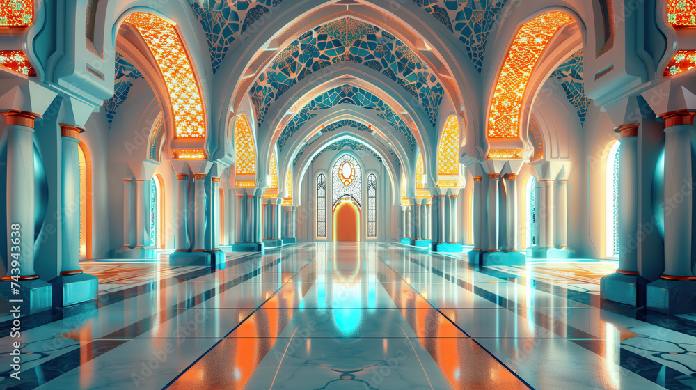 a blue arched inside and floor of a majestic mosque. ramadan kareem holiday celebration concept