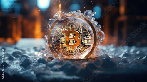 Bitcoin covered in ice frozen price representing a frozen or stable price	 photo