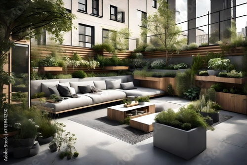 A minimalist, urban garden space with raised planters, a small seating area, and an array of city plants