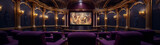 Ornate home theater with purple velvet seats and gold accents in the art deco style.