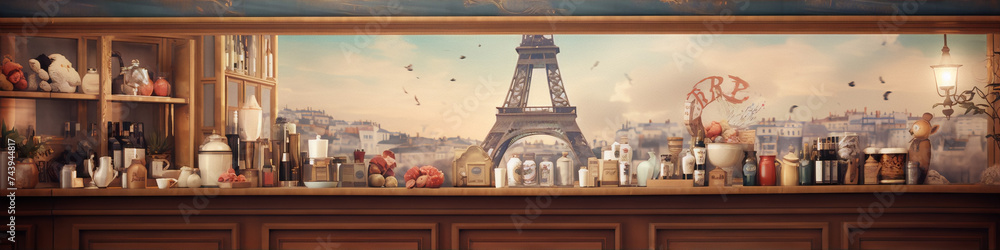 Parisian cafe with Eiffel Tower view, featuring vintage bottles, jars and other objects in warm colors.