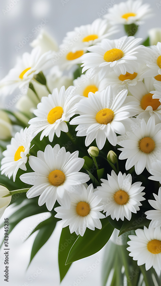 Fototapeta premium White daisy bouquet close-up background. white buttercups flower. Spring white flowers background. Floral card in pastel colours. Beautiful delicate spring flowers.