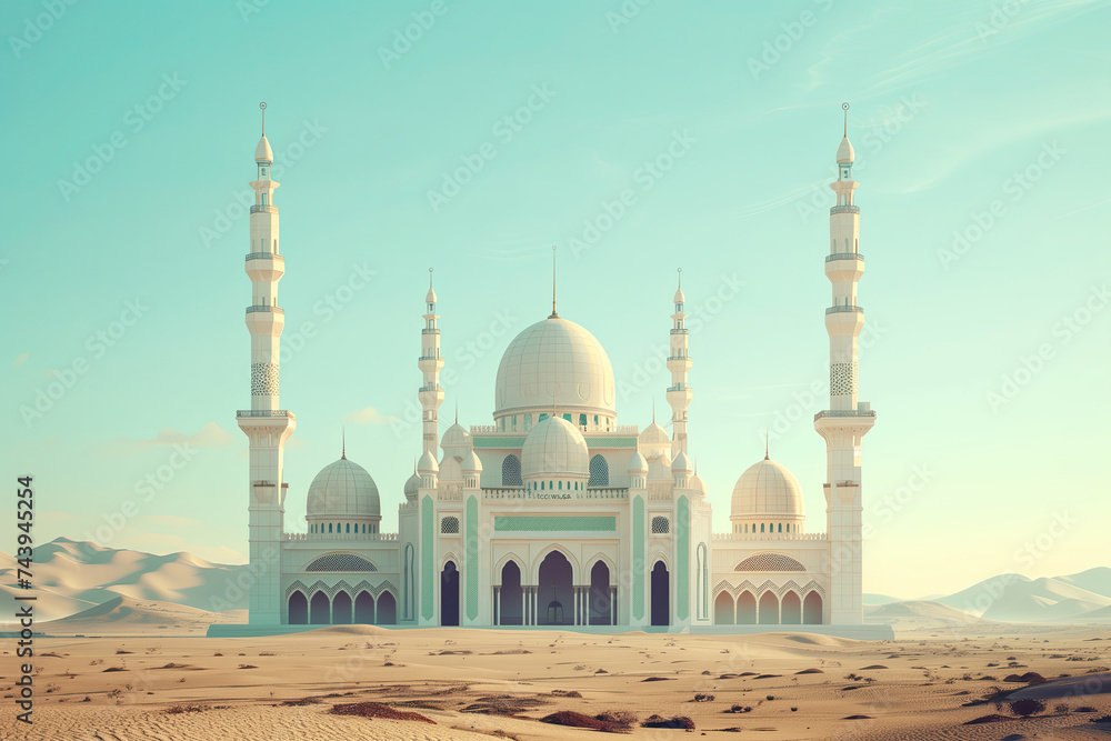 Obraz premium islamic mosque in the desert. fantasy landscape with moon and mosque. ramadan kareem holiday celebration concept