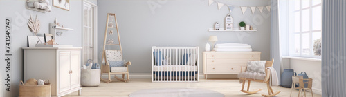 3D rendering of a bright and airy modern scandinavian nursery with a crib, rocking chair, and lots of natural light.