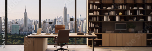 Office interior with a view of the city. 3d visualization.