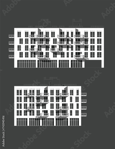 Vector architectural project of a multistory building facades