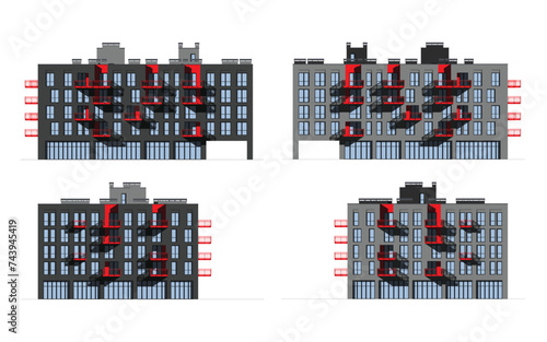 Vector architectural project of a multistory building facades