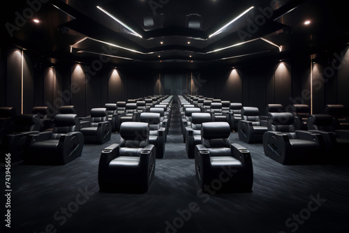 Black leather seats in a modern movie theater with black walls and ceiling
