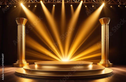 Podium with golden light lamps background. Golden light award stage with rays and sparks photo