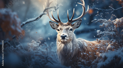 Proud Noble Deer male in winter snow forest. Winter christmas image. © ksu_ok