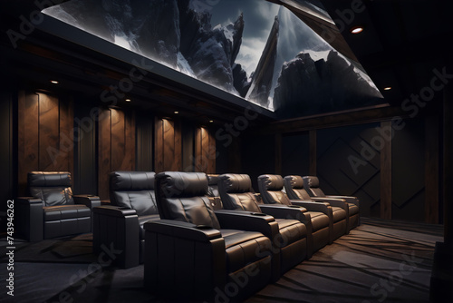 A home theater with black leather chairs and a large screen with a mountain landscape.
