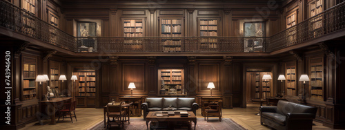 A library with a dark wood interior, leather furniture, and a large oriental rug in the center.