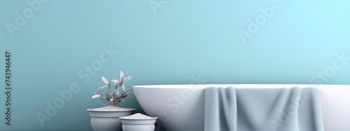 3D rendering of a bathtub with a towel and plants on a blue background in a minimalist style. photo