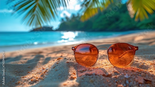 Relaxation Sunglasses Lying on the Sand under the Shade of a Palm Branch Beachside 