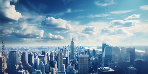 Cityscape photography of New York City featuring the Empire State Building in a blue sky with white clouds.