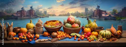 A beautiful lakeside cityscape with a bountiful harvest of fruits and vegetables.