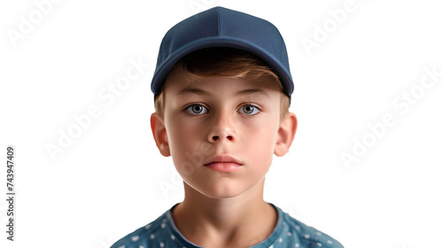 a portrait of a young boy wearing a blue cap isolated on transparent background, PNG format