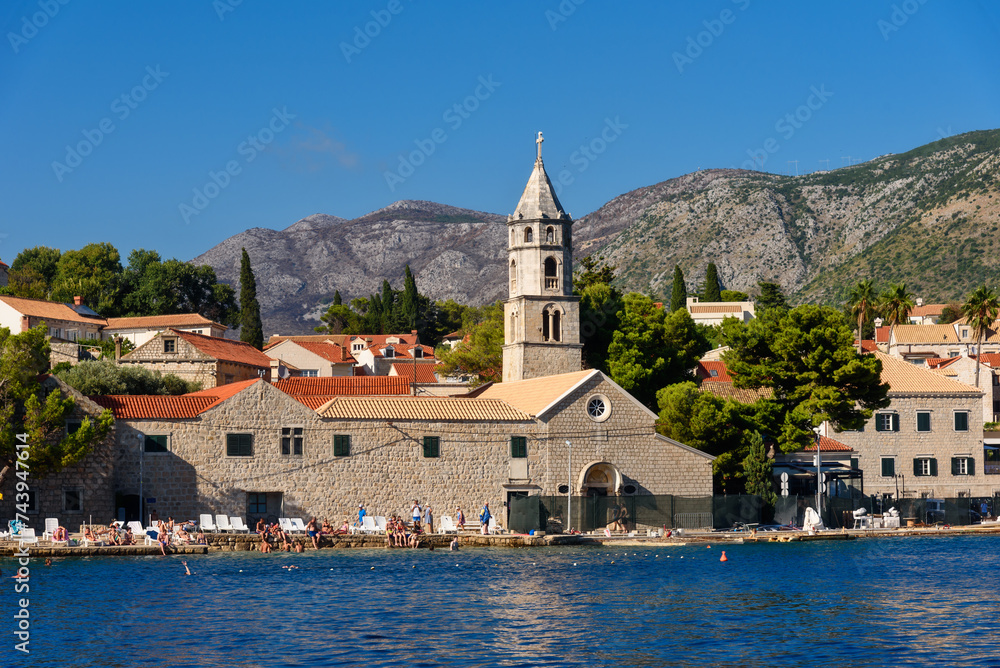 Cavtat, Croatia - August 9, 2023: Cavtat (Croatia) is a popular tourist destination with many hotels and restaurants. Beautiful town Cavtat in southern Dalmatia