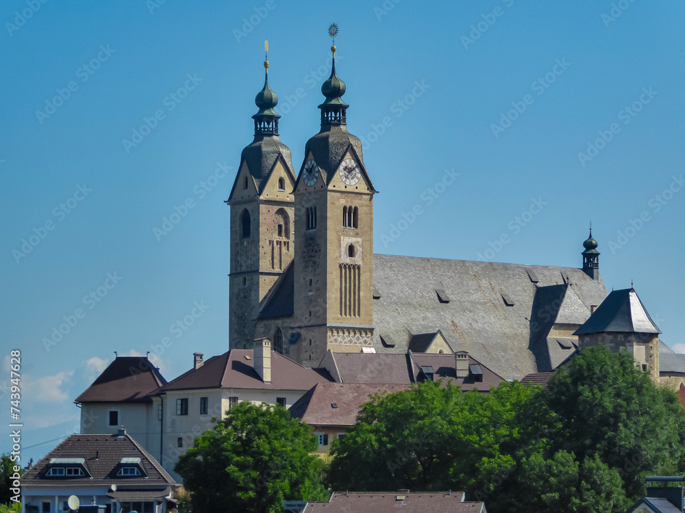 Close up view of Pilgrimage Church of the Assumption of Mary in town of Maria Saal, Carinthia, Austria. Idyllic hiking trail in summer on sunny day. Catholic Church. Faith and belief concept