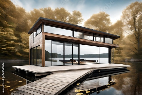 A modern, minimalist boathouse with large windows, wooden decking, and a view of the water