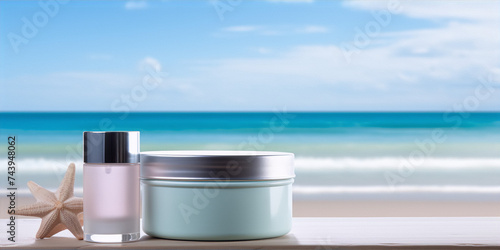 Closeup of pink translucent cosmetic jar and blue round container with silver lid on weathered wooden table against blurred tropical beach