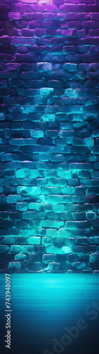 Abstract blue and purple neon glowing brick wall with wooden floor in perspective
