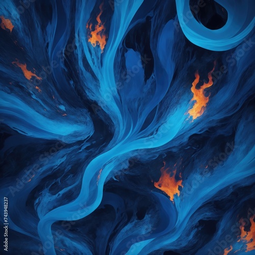 Abstract Blue patterns burn in fiery flames