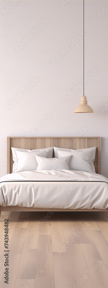 Minimalist bedroom interior with wooden bed and white bedding in 3d illustration Minimalist bedroom interior with wooden bed and white bedding in 3d illustration
