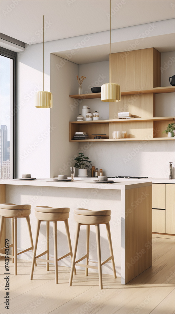 3d rendering of a modern kitchen interior with wood and white colors in a minimalist style