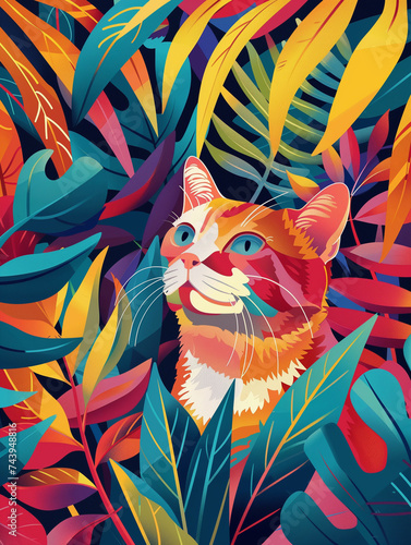 Decorative Art Nouveau Style Cat Poster - Colorful Illustration