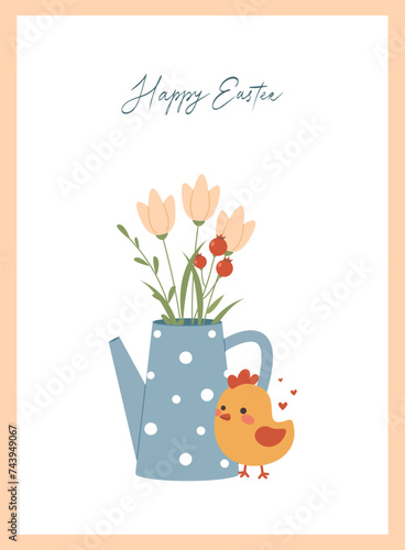 Happy easter. Postcard. Bouquet, watering can and chicken.