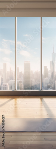 Cityscape view from yoga studio with large windows and wooden floor