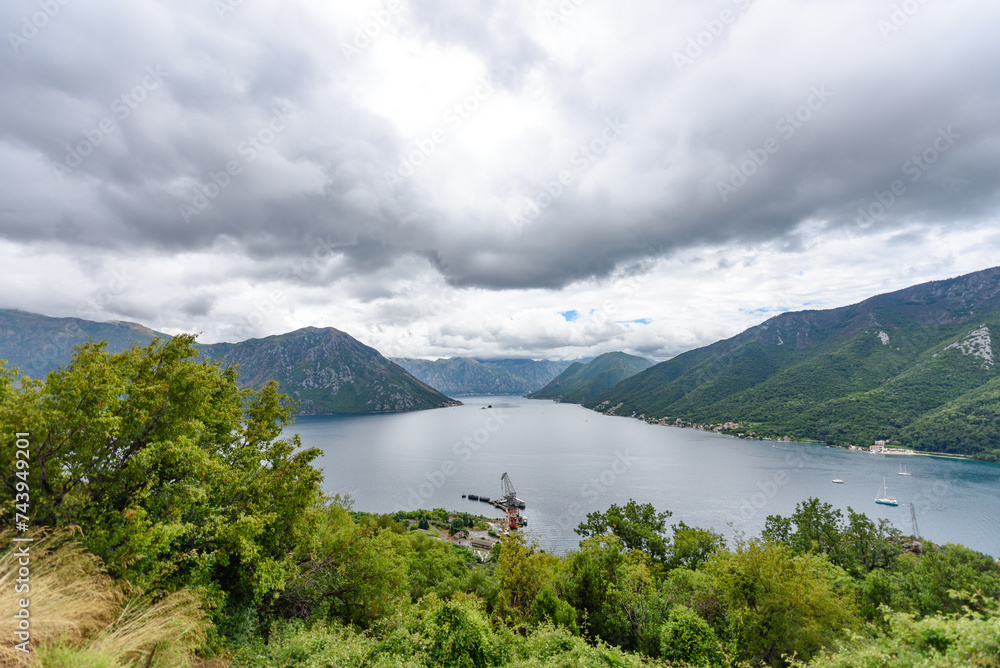 Kotor, Montenegro - August 06, 2023: A beautiful view from the hill on Bay of Kotor