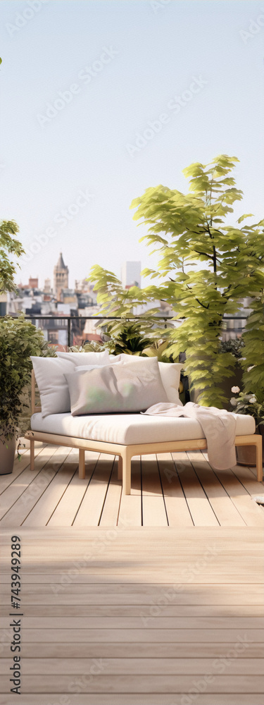 3D rendering of a rooftop terrace with a wooden floor, a chaise lounge, and plants