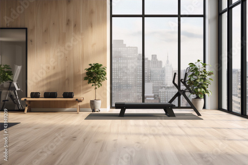 Luxury home gym interior with wooden wall and large windows overlooking city