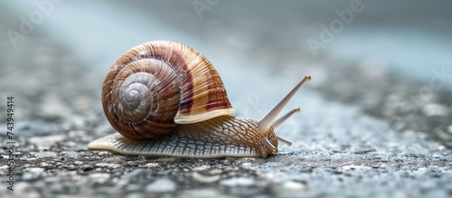 A close up view of a big helix snail as it slowly crawls on the concrete road.