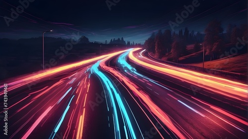 Nighttime traffic light trails on a road,