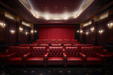 Red leather theater seats in a luxurious home cinema with a red curtain and gold accents